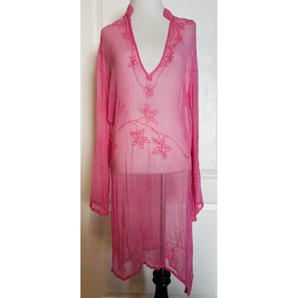 Eden Rock X PatBo St. Barths Beach Cover-up Silk Pink Beaded Sheer Dress Swim M - Picture 2 of 10
